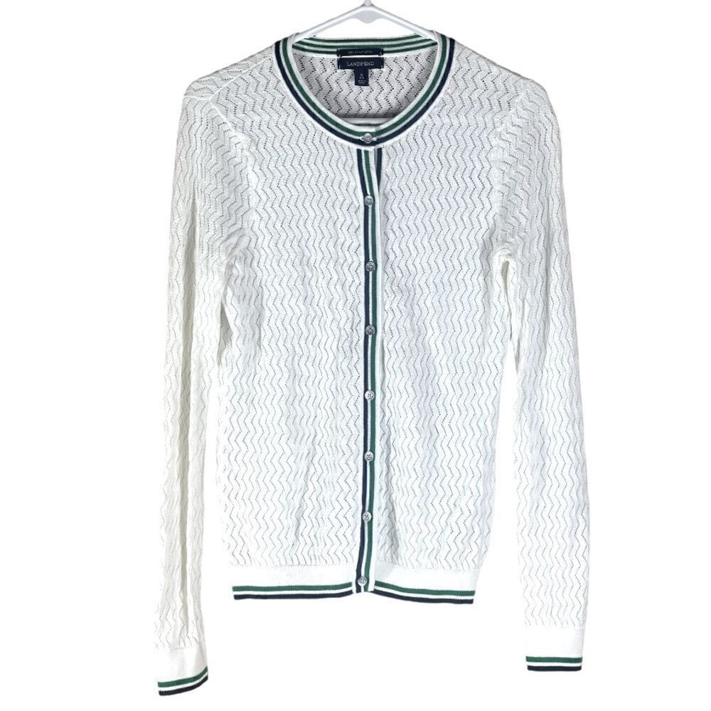 Lands' End White Cardigan Open Knit Long Sleeve Nautical Preppy Size S 6-8 📦